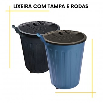Lixeira Redonda com tampa e rodas 100Litros  Arqplast Cor Azul