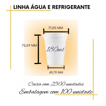 Caixa de copo descartável transparente 25 pacotes com 100 unidades 180ml
