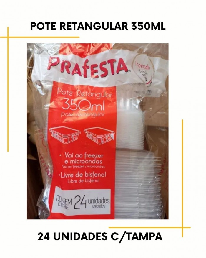 Pote retangular de 350ml c/24 unidades - descartável ( vai ao Freezer e Micro-ondas ) 