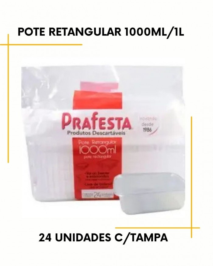 Pote retangular de 1000ml/1L c/24 unidades - descartável ( vai ao Freezer e Micro-ondas ) 