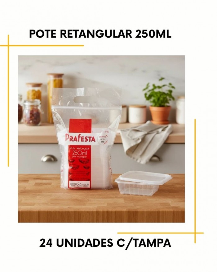 Pote retangular de 250ml c/24 unidades - descartável ( vai ao Freezer e Micro-ondas ) 
