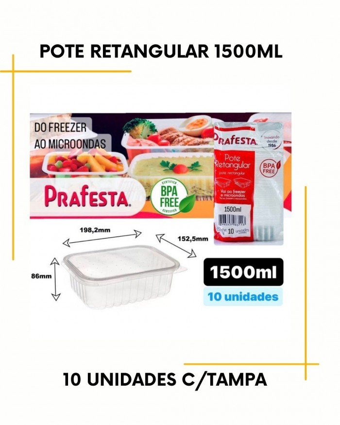 Pote retangular de 1500ml c/10 unidades - descartável ( vai ao Freezer e Micro-ondas ) 