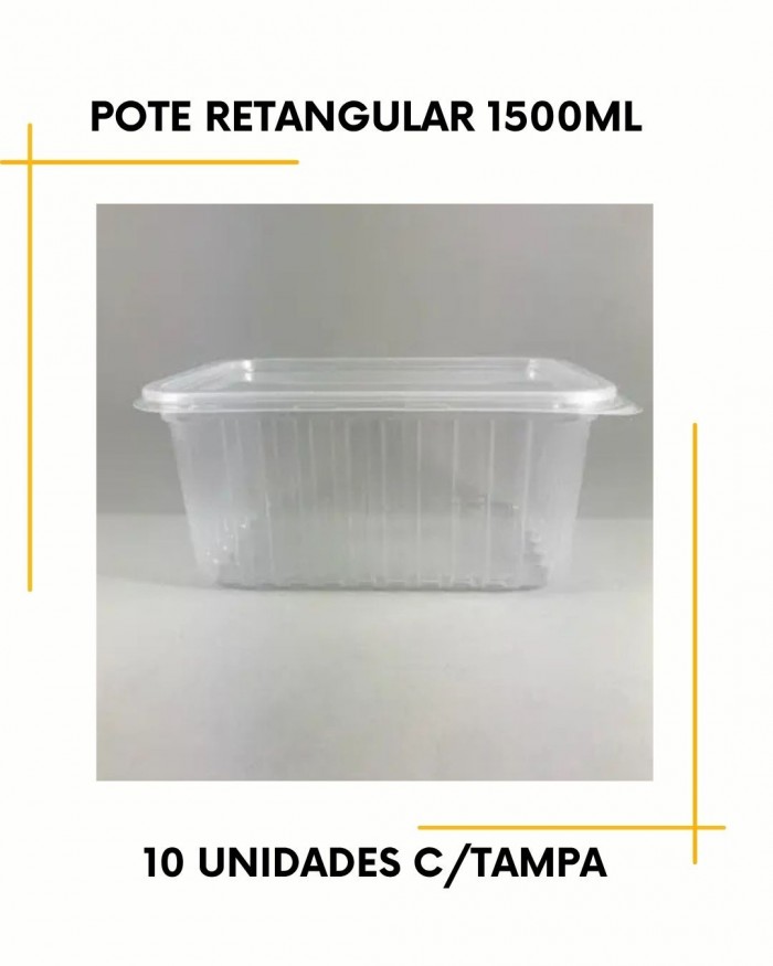 Pote retangular de 1500ml c/10 unidades - descartável ( vai ao Freezer e Micro-ondas ) 