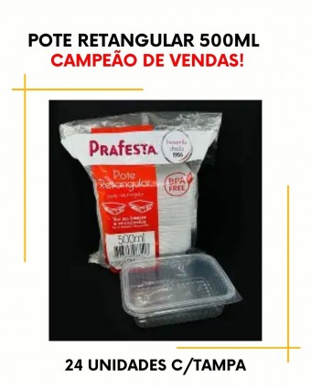 Pote retangular de 500ml c/24 unidades - descartável ( vai ao Freezer e Micro-ondas ) 