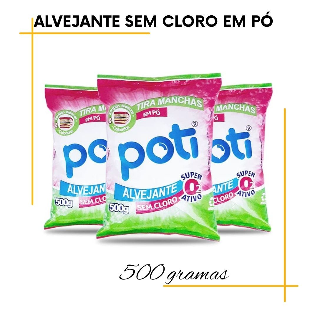 Alvejante sem Cloro ? Pó
O Alvejante sem cloro Poti em pó é um produto indicado para remoção de manchas em roupas brancas e coloridas. 
Sua formulação não agride as cores das roupas como os alvejantes comuns porque não contém cloro.
O Alvejante sem cloro Poti em pó é eficaz na remoção de manchas difíceis, tais como as de café, de vinho e até mesmo as de molho de tomate. 
Pode ser aplicado puro, diretamente sobre as manchas (antes da lavagem da roupa), ou utilizado junto ao detergente em pó de sua preferência, no tanque ou na máquina de lavar.

Detalhes do produto:

Embalagem de 500g