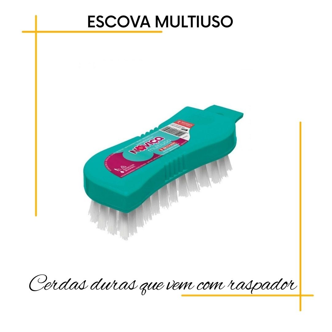 A escova Multiuso da Noviça tem cerdas duras que vem com raspador, ideal para uso em pequenos espaços.