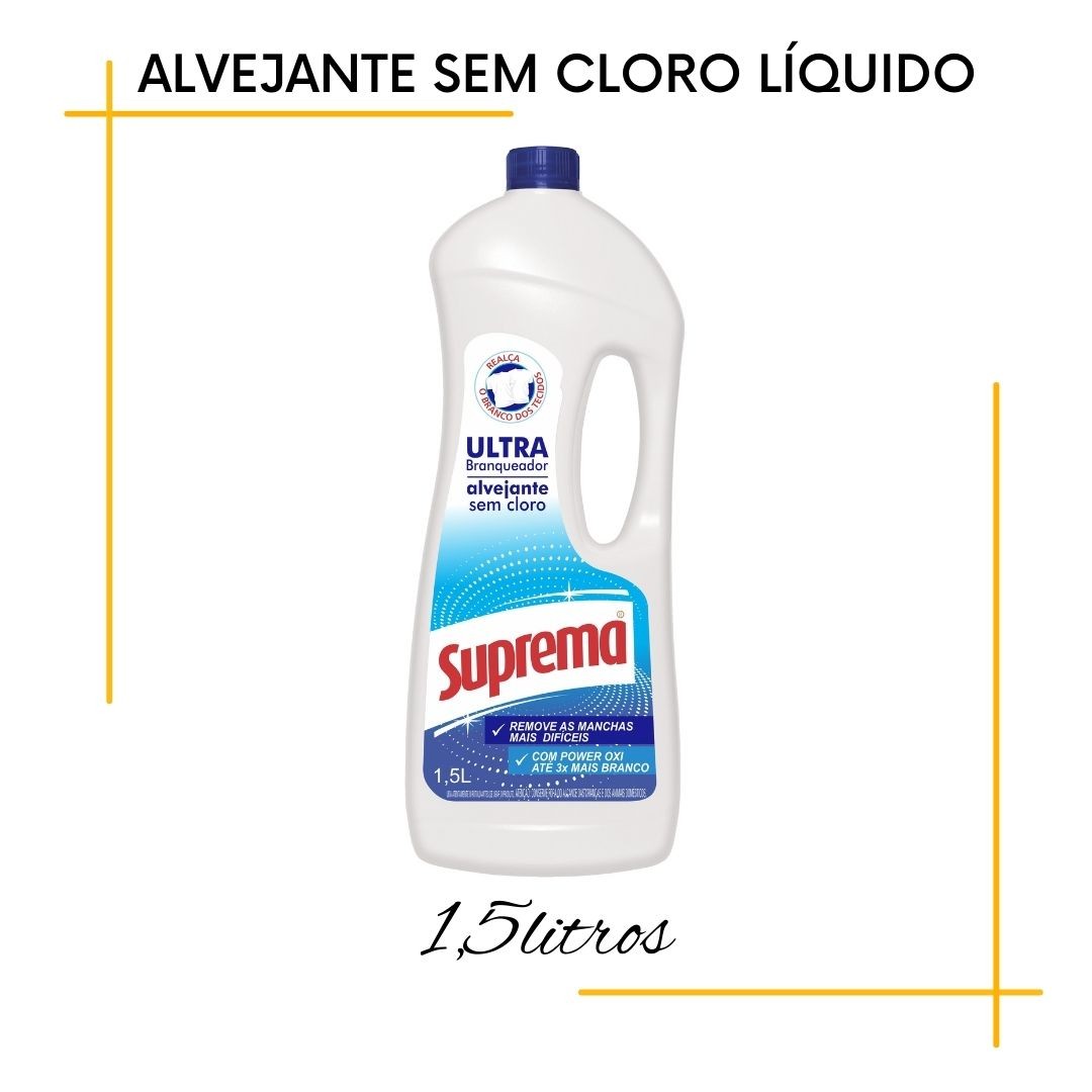 Alvejante sem cloro Suprema
Embalagem 1,5 Litros

Ultra Branqueador. Realça o branco dos tecidos.
Remove as manchas mais difíceis.
