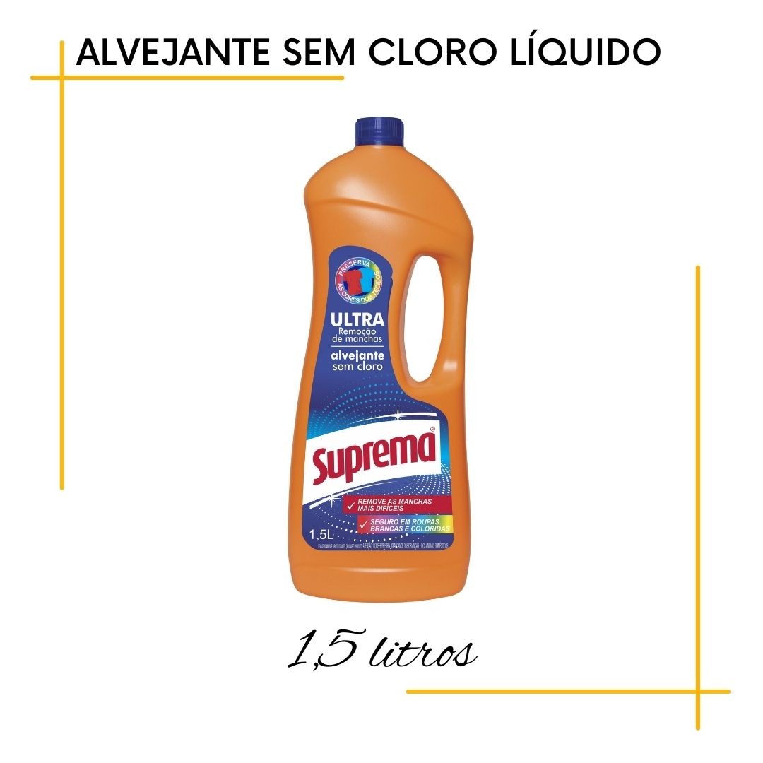 Alvejante sem cloro Suprema
Embalagem 1,5 Litros

Ultra Remoção de manchas. Preserva a cores dos tecidos.
Remove as manchas mais difíceis.
