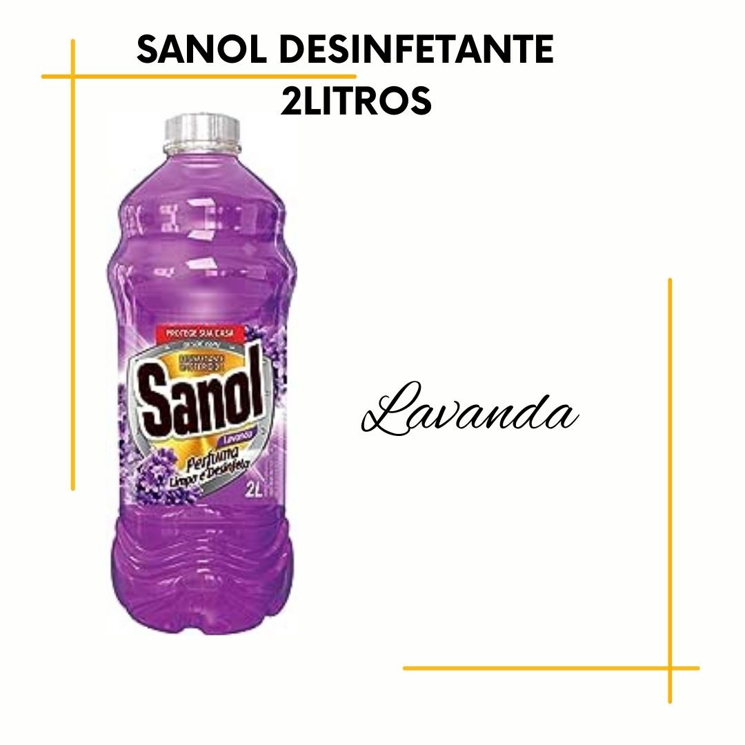 Marca	Sanol
Forma do produto	Líquido
Aroma	Lavanda
Usos específicos do produto	Chão, Banheiro, Vidro, Casa, Piso, Bancada, Porcelanato, Mesa , azulejo; ralo entre outros