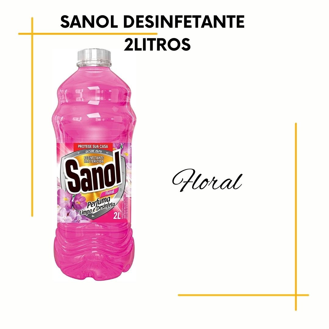 Marca	Sanol
Forma do produto	Líquido
Aroma	Flores silvestres
Usos específicos do produto	Chão, Banheiro, Vidro, Casa, Piso, Bancada, Porcelanato, Mesa , azulejo; ralo entre outros
Característica do material	Cloreto de alquil dimetil benzil amônio, tensoativo não iônico (Nonilfenol etoxilado), conservante, corantes, copolímero acrílico, fragrância e veículo.Cloreto de alquil dimetil benzil amônio, tensoativo não iônico (Nonilfenol etoxilado), conservante, corantes, copolímero acrílico, fragrância e veículo.
