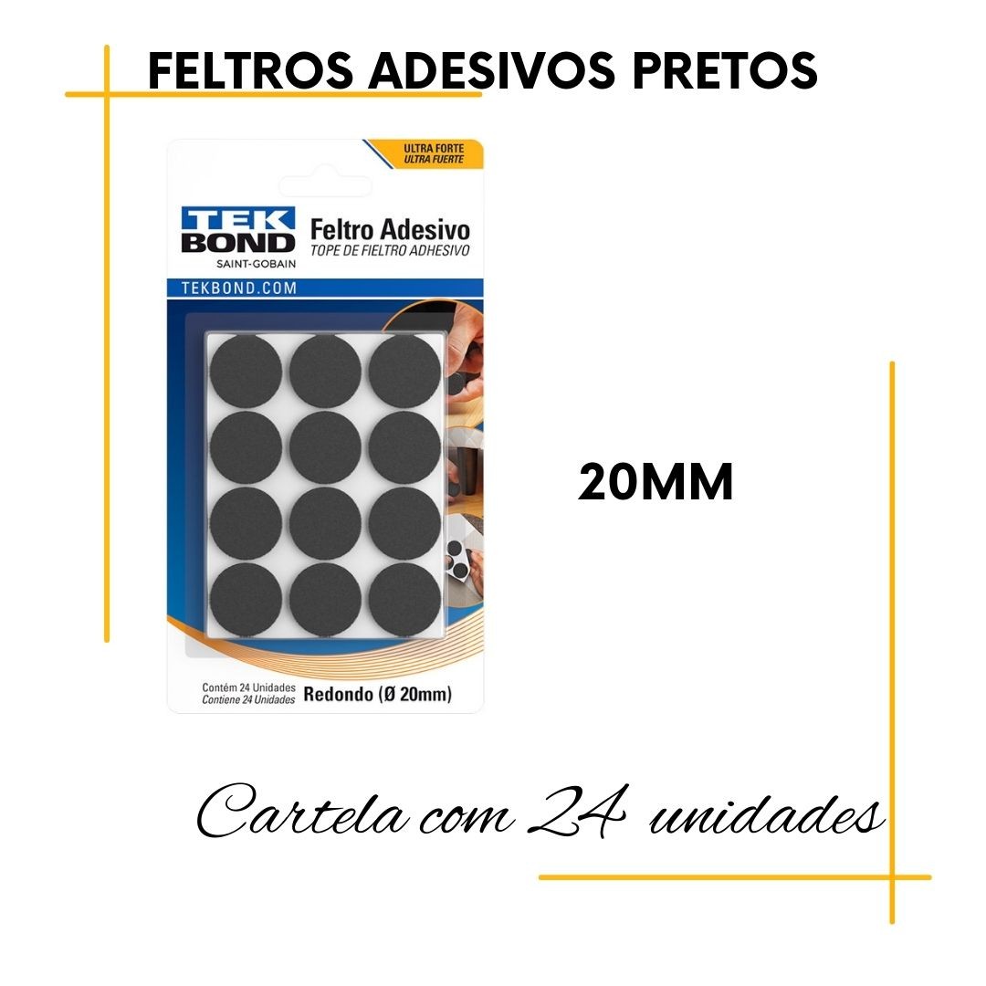Feltros Adesivos Pretos
Alta qualidade e resistência, desenvolvidos para proteção contra riscos e batidas em pisos, Móveis etc.
Embalagem com 24 unidades