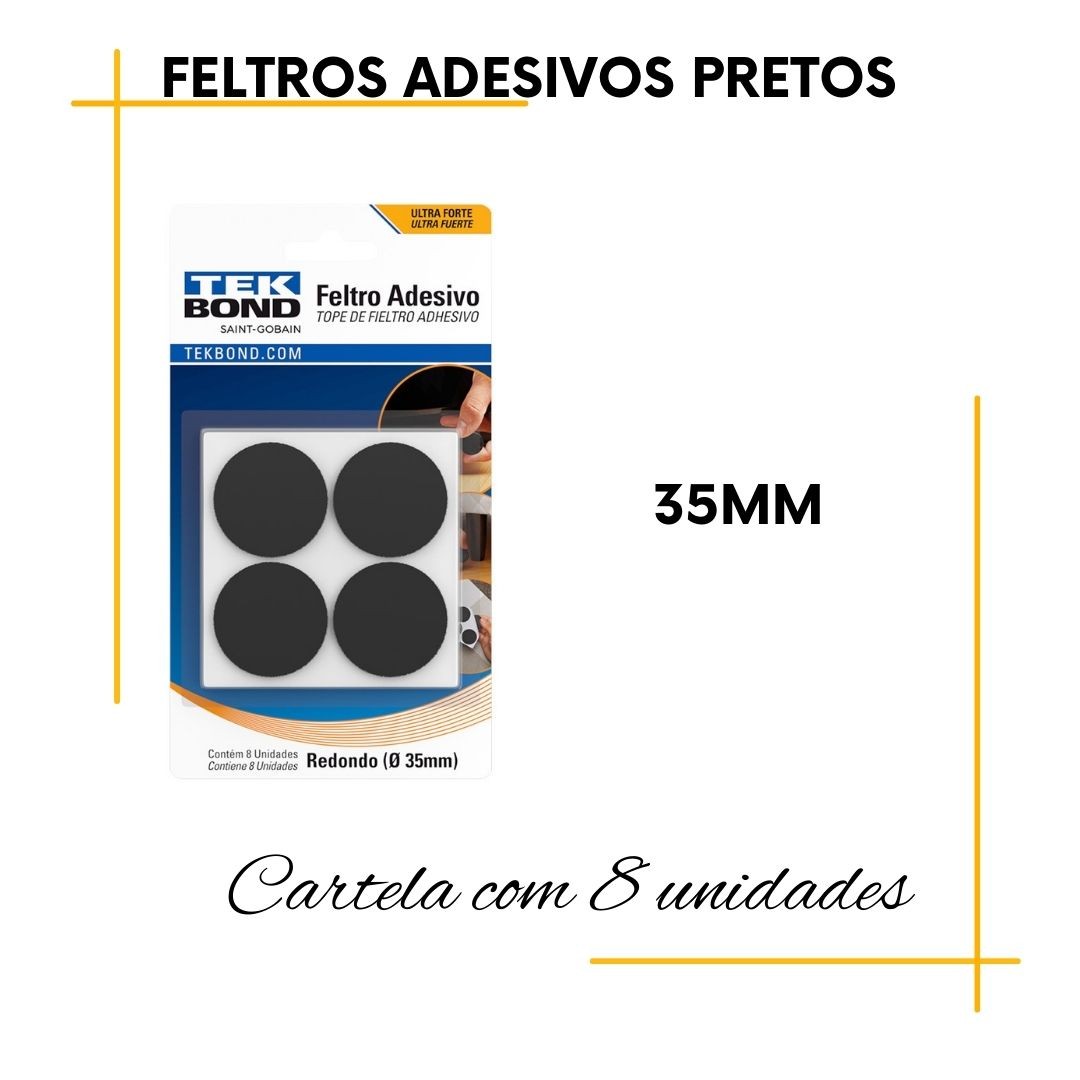 Feltros Adesivos Pretos
Alta qualidade e resistência, desenvolvidos para proteção contra riscos e batidas em pisos, Móveis etc.
Embalagem com 8 unidades