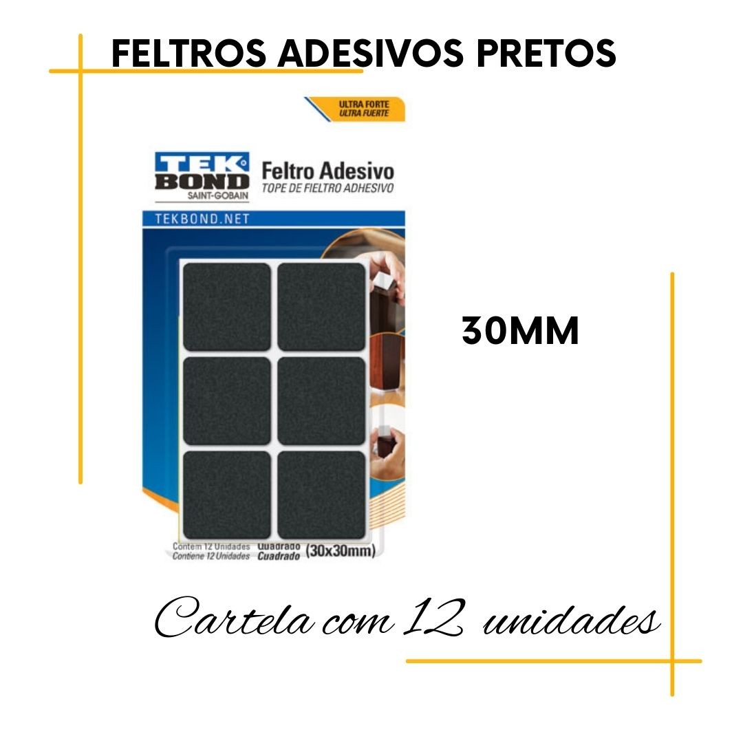 Feltros Adesivos Pretos
Alta qualidade e resistência, desenvolvidos para proteção contra riscos e batidas em pisos, móveis etc.
Embalagem com 12 unidades